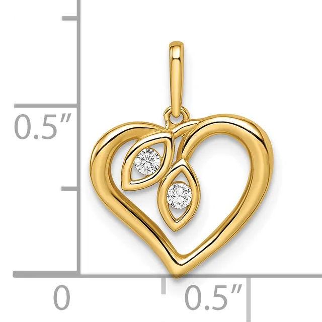 Gold heart pendant with two marquise-shaped diamond accents, shown with a measurement scale indicating approximately half an inch in height.