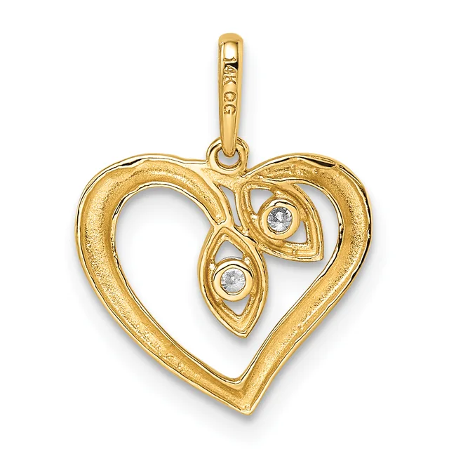 Gold heart pendant with leaf design and two small round diamonds set in bezel settings, shown hanging from a bail against a white background.