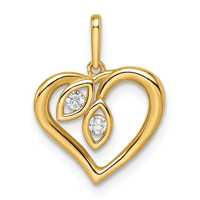 Gold heart pendant with two leaf shapes containing round diamonds, suspended from a gold bail.