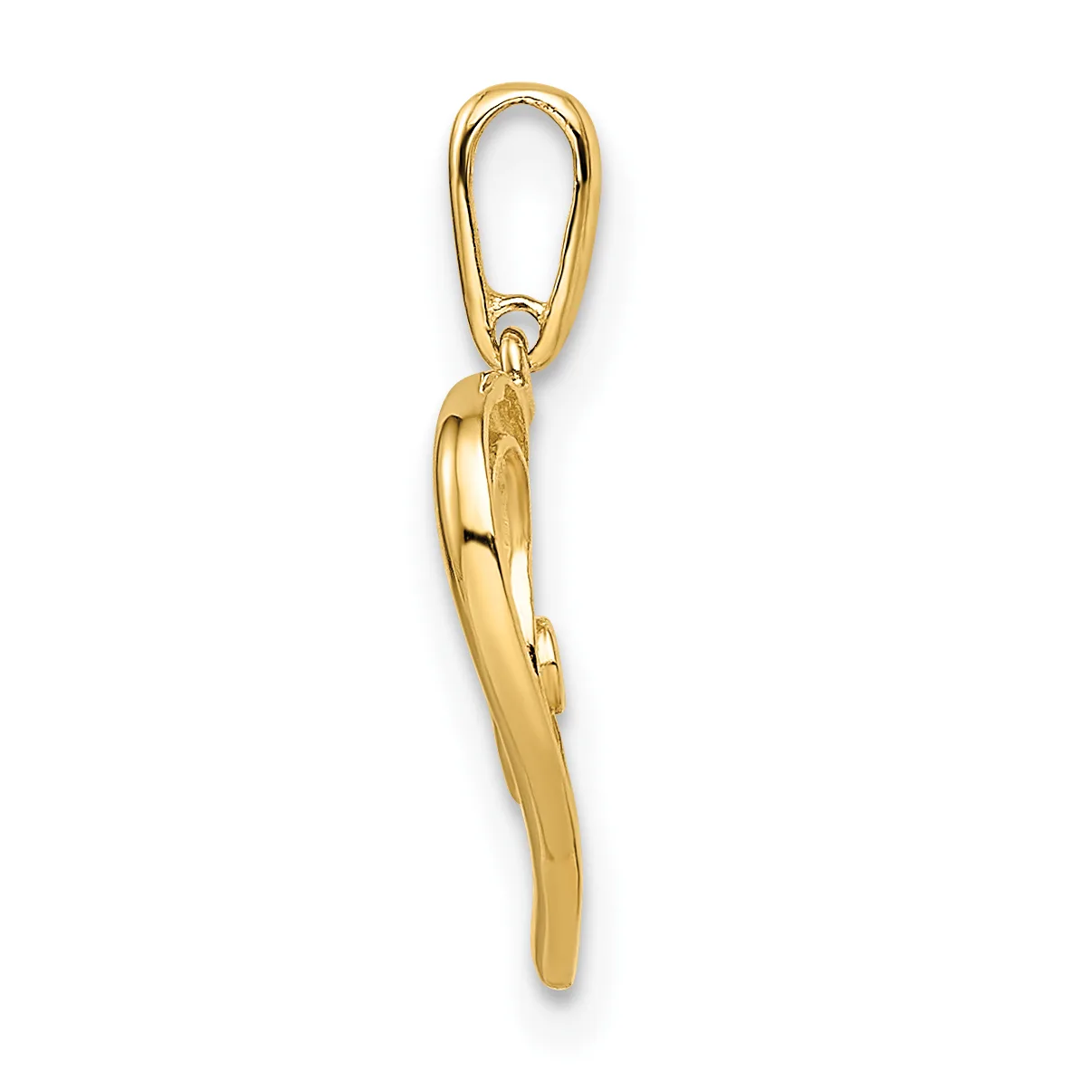 A polished gold twisted spiral pendant with an attached bail loop, displayed against a white background.