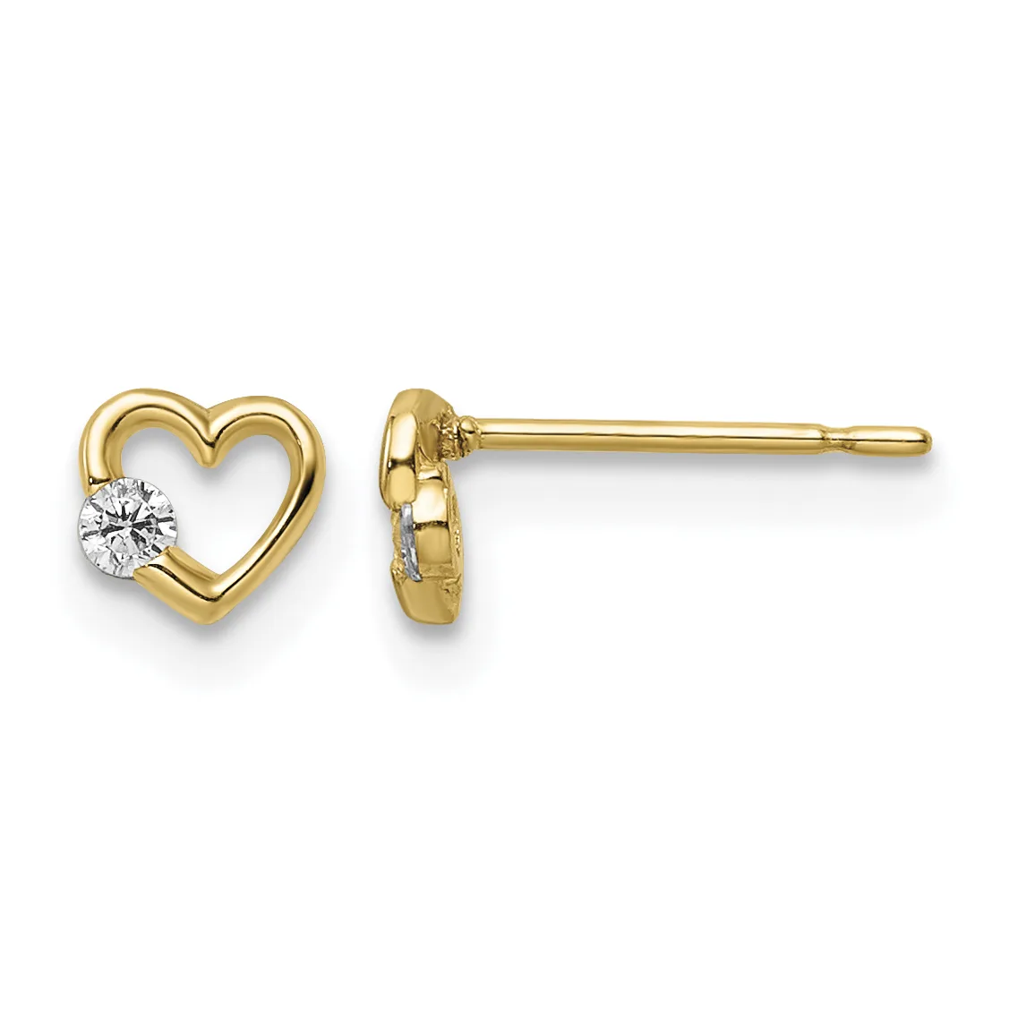 Pair of gold heart stud earrings, each featuring a hollow heart outline with a round diamond set at the bottom, shown front and side view.