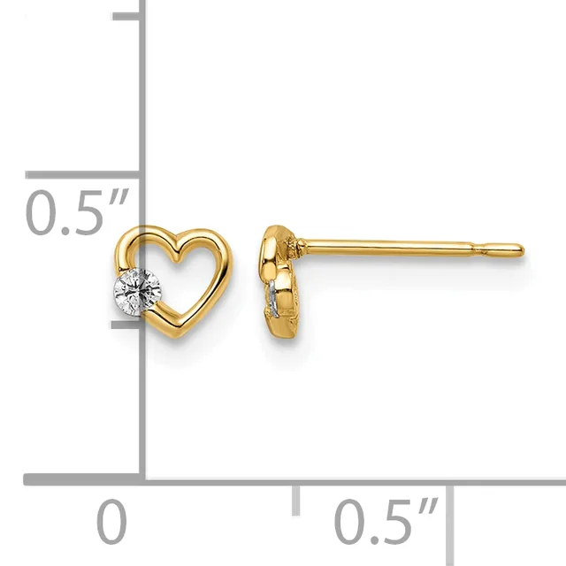 Pair of gold heart stud earrings with round diamond accents, shown front and back view with measurement scale indicating 0.5 inch width.