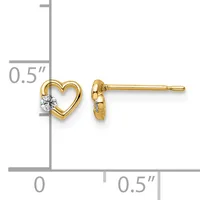 Pair of gold heart stud earrings with round diamond accents, shown front and back view with measurement scale indicating 0.5 inch width.