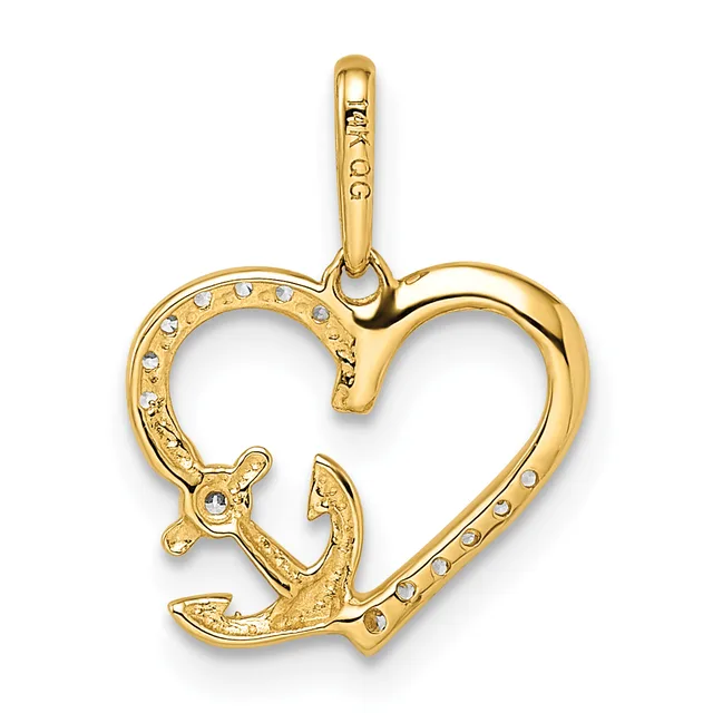 Gold heart-shaped pendant with an anchor design and small diamond accents, suspended from a gold bail.