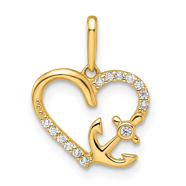 Gold heart-shaped pendant with an anchor design and diamond accents along the left edge and center, suspended from a gold bail.