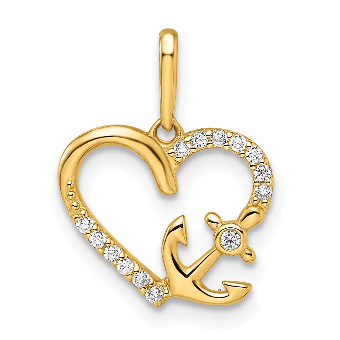 Gold heart-shaped pendant with an anchor design and diamond accents along the left edge and center, suspended from a gold bail.