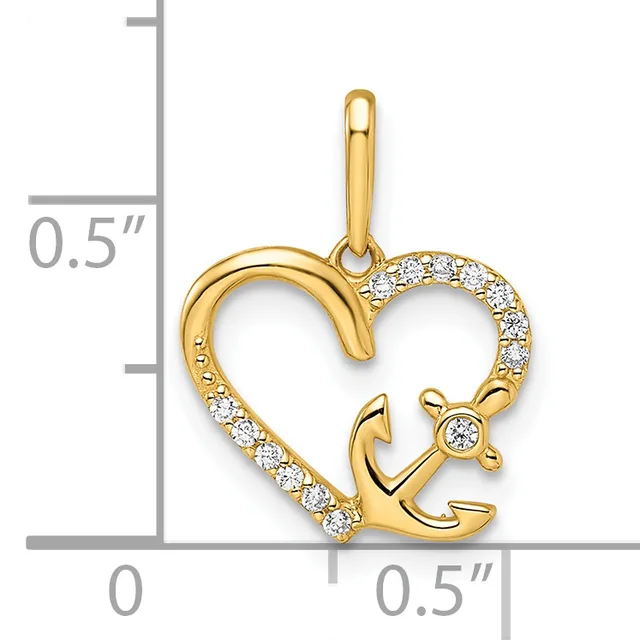Gold heart pendant with anchor design and diamond accents, shown next to a measurement scale indicating approximately 0.5 inches in height and width.