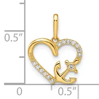 Gold heart pendant with anchor design and diamond accents, shown next to a measurement scale indicating approximately 0.5 inches in height and width.