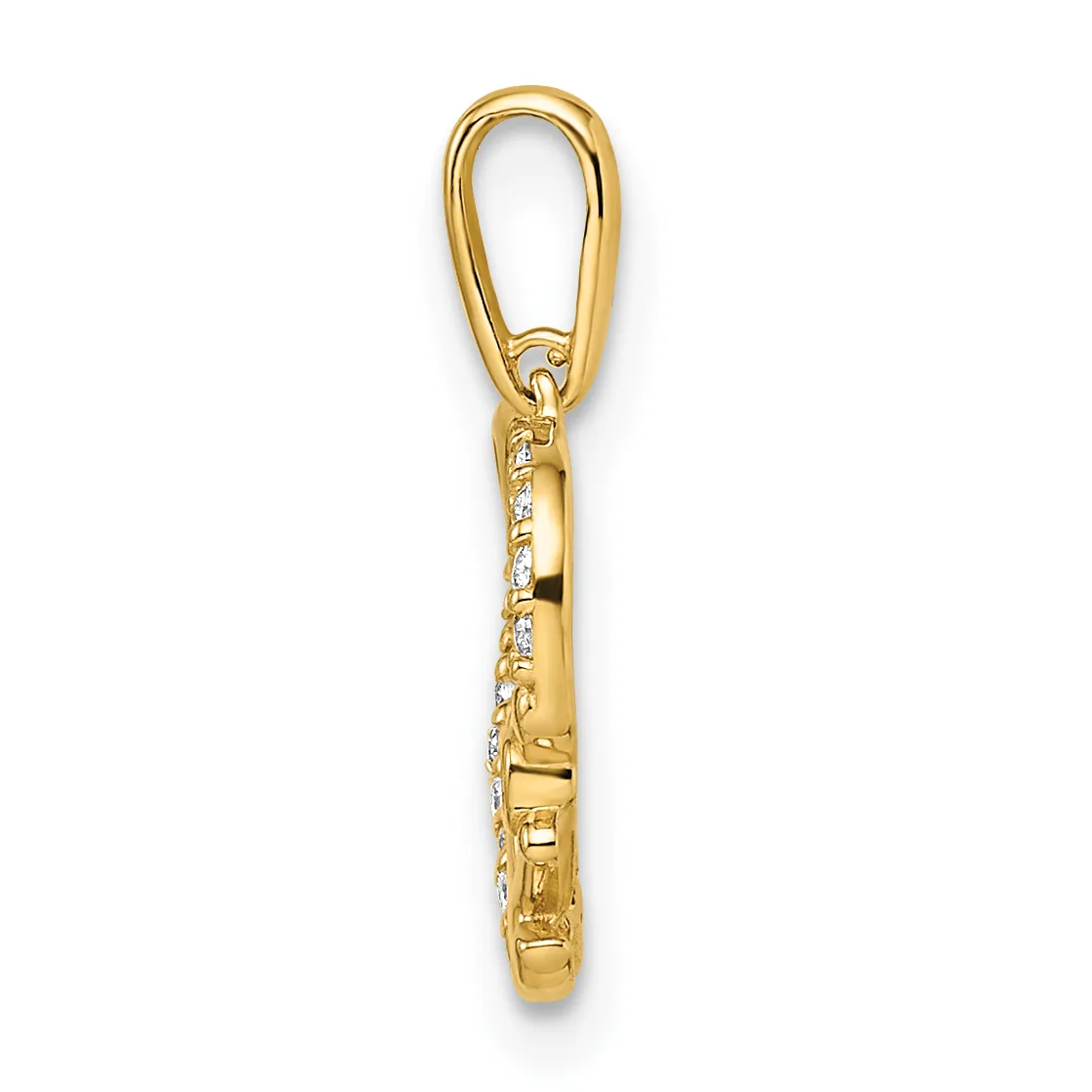 Gold charm pendant with a carabiner-style bail, featuring a cylindrical body decorated with diamond accents and textured detailing, shown hanging against a white background.