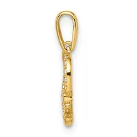Gold charm pendant with a carabiner-style bail, featuring a cylindrical body decorated with diamond accents and textured detailing, shown hanging against a white background.