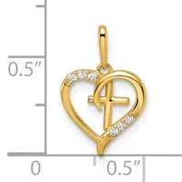 Gold heart pendant with a cross cutout in the center and small diamond accents, shown with a measurement scale indicating approximately 0.5 inches in height.