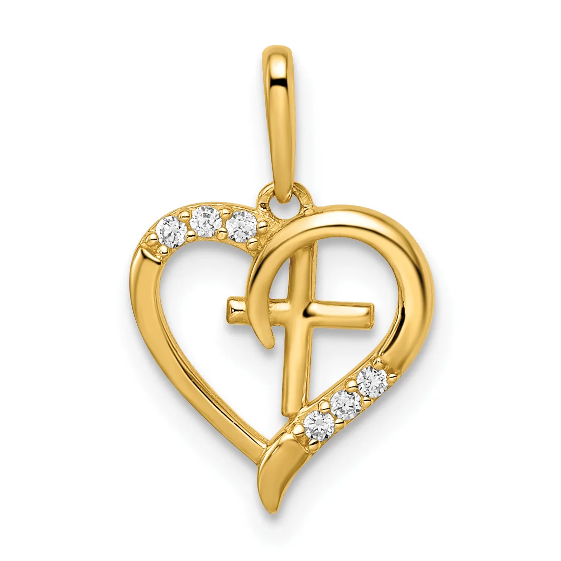 Gold heart-shaped pendant with a cross cutout in the center and cubic zirconia stones along two curved sides, suspended from a gold bail.