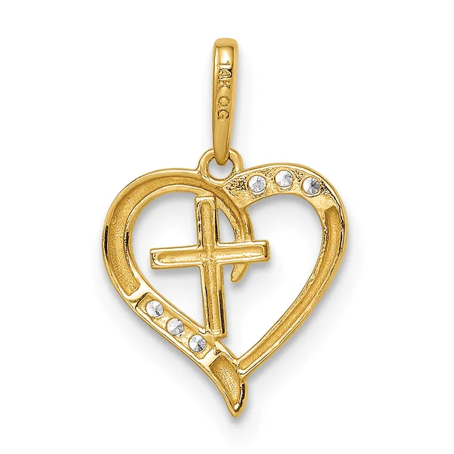 Gold heart-shaped pendant with a cross in the center and small round cubic zirconia stones accenting the top and bottom curves, suspended from a gold bail.