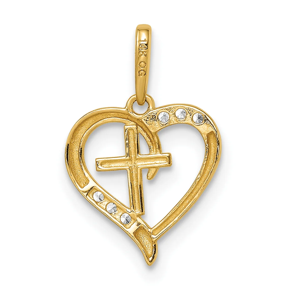 Gold heart-shaped pendant with a cross in the center and small round cubic zirconia stones accenting the top and bottom curves, suspended from a gold bail.