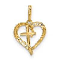 Gold heart-shaped pendant with a cross in the center and small round cubic zirconia stones accenting the top and bottom curves, suspended from a gold bail.