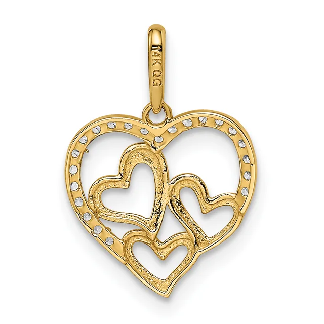 Gold heart-shaped pendant with three nested hearts inside and small rhinestones around the outer edge, suspended from a gold bail.