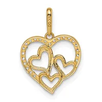 Gold heart-shaped pendant with three nested hearts inside and small rhinestones around the outer edge, suspended from a gold bail.