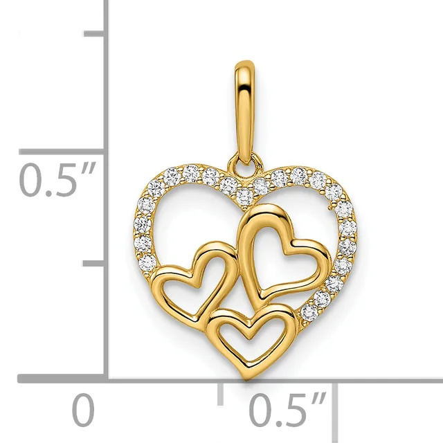 Gold heart pendant with diamond-set outer heart outline and three smaller solid gold hearts inside, shown against a measurement scale.