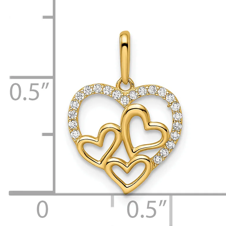 Gold heart pendant with diamond-set outer heart outline and three smaller solid gold hearts inside, shown against a measurement scale.