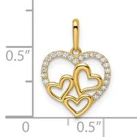 Gold heart pendant with diamond-set outer heart outline and three smaller solid gold hearts inside, shown against a measurement scale.