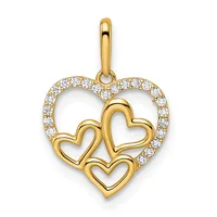 Gold heart pendant with diamond-set outer heart outline and three smaller gold hearts inside, suspended from a gold bail.