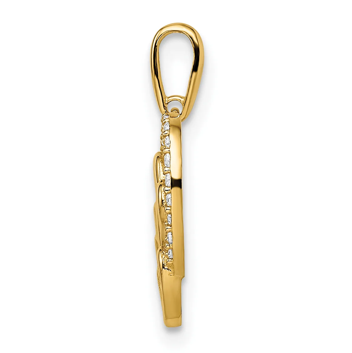 A gold pendant with a carabiner-style bail at the top and a row of small diamonds set along one side of the elongated rectangular charm.