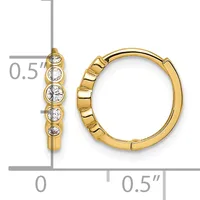 Gold hoop earrings with five round cubic zirconia stones set along the front, shown with a measurement scale indicating approximately 0.5 inches in diameter.