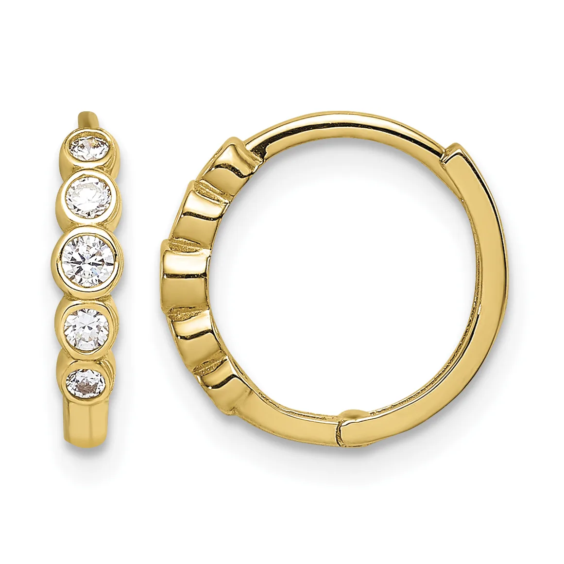 A pair of gold hoop earrings with five round white diamonds set in bezel settings along the front edge of each hoop.