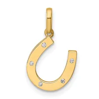 A gold horseshoe pendant with a hinged bail at the top, decorated with small round diamonds set across both curved sides.