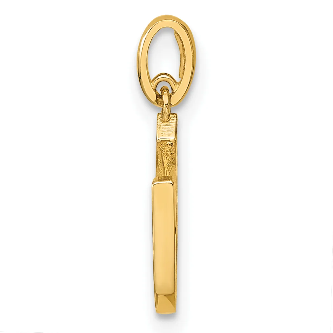 A gold pendant charm featuring an oval loop at the top connected to a rectangular tube-shaped body with a small stamped hallmark.