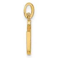 A gold pendant charm featuring an oval loop at the top connected to a rectangular tube-shaped body with a small stamped hallmark.