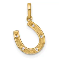 Gold horseshoe pendant with a textured surface and four small round diamonds set along the curved body, suspended from a bail loop.
