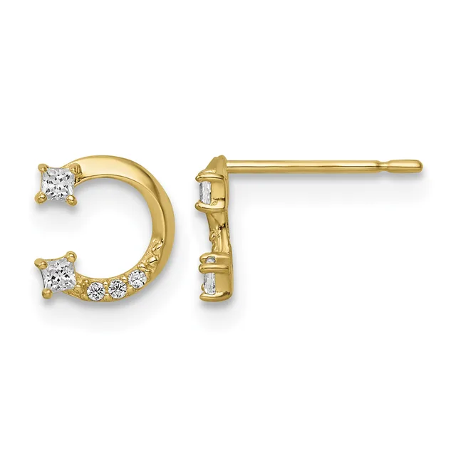 Pair of gold crescent-shaped earrings with square-cut diamonds at each end and smaller diamonds along the curved band, shown from front and side views.