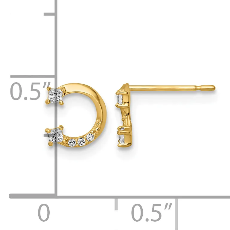 Gold hoop earrings with small diamond accents at the top and bottom, displayed against a measurement scale showing approximately 0.5 inches in length.