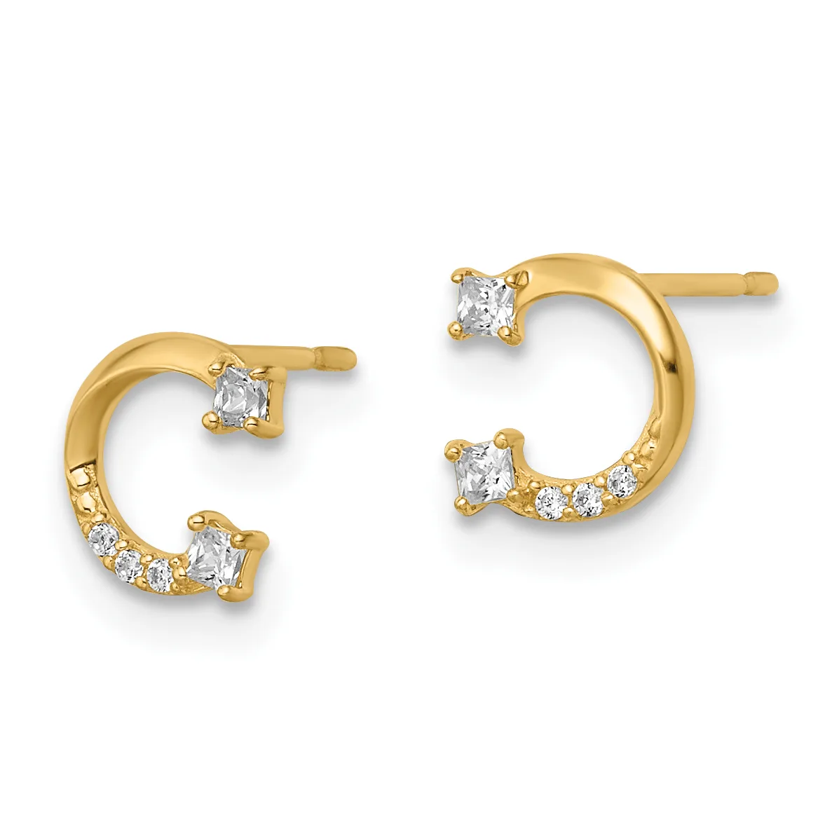 A pair of gold hoop earrings with square-cut diamond studs at the top and smaller round diamonds set along the curved band.