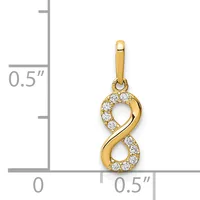 Gold infinity symbol pendant with cubic zirconia stones set throughout, shown next to a measurement scale indicating approximately 0.5 inches in height.