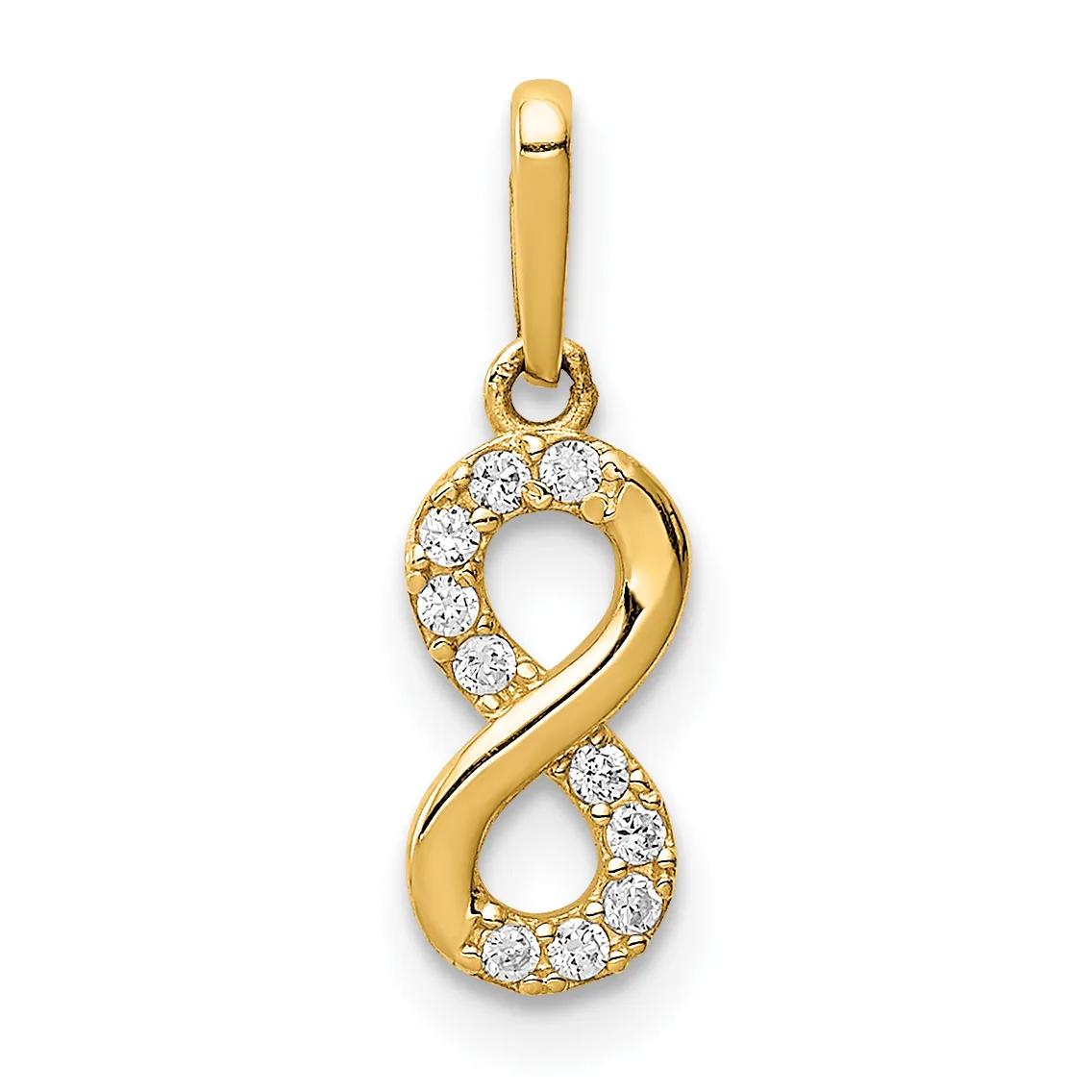 Gold infinity symbol pendant with round cubic zirconia stones set along both loops, suspended from a gold bail.