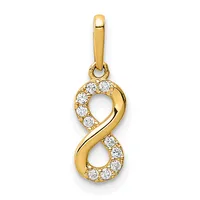 Gold infinity symbol pendant with round cubic zirconia stones set along both loops, suspended from a gold bail.