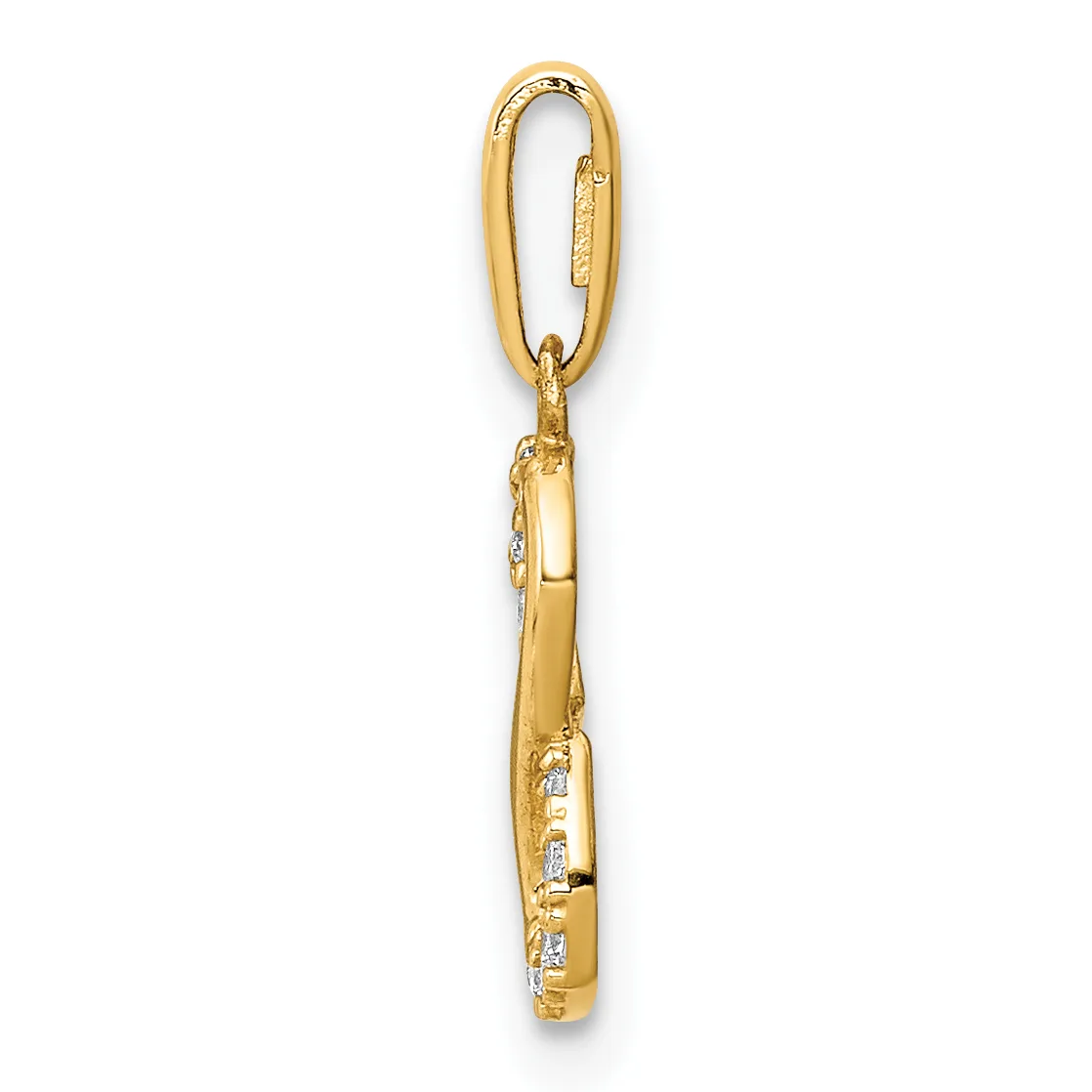 Gold pendant with oval bail and cylindrical shape, decorated with small square diamonds set along the surface.