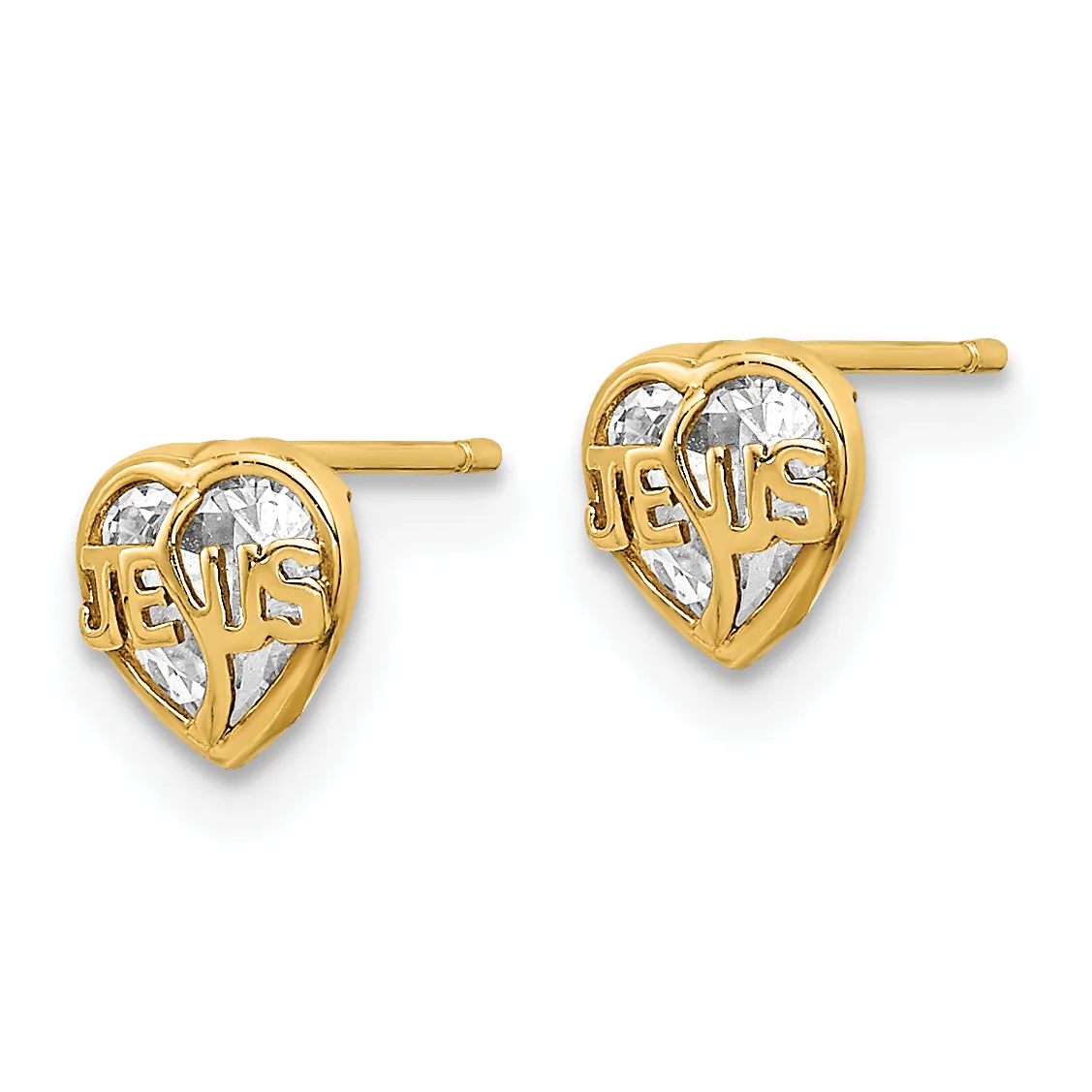 Pair of gold-colored heart-shaped stud earrings with cubic zirconia stones and religious text, shown from the front on a white background.