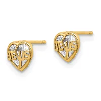 Pair of gold-colored heart-shaped stud earrings with cubic zirconia stones and religious text, shown from the front on a white background.