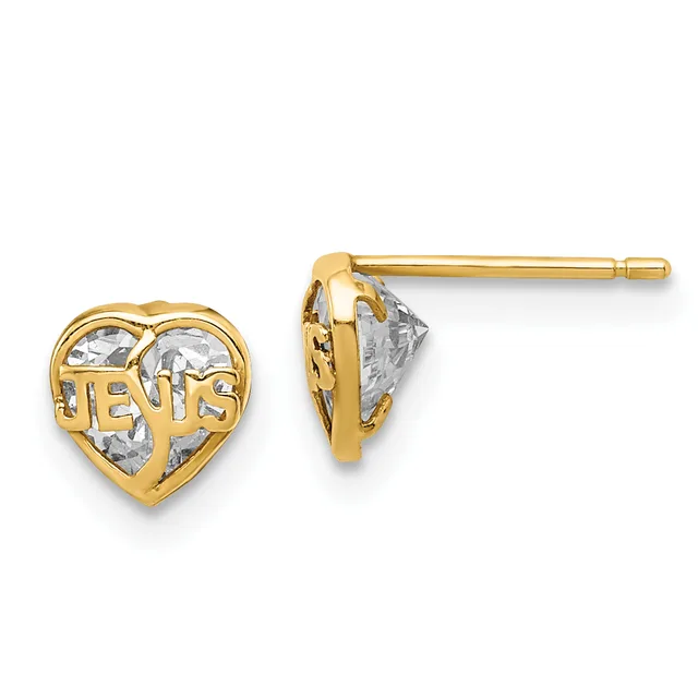 Pair of gold-toned heart-shaped stud earrings with cubic zirconia stones and cutout text design, shown from front and side views.