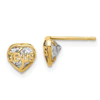 Pair of gold-toned heart-shaped stud earrings with cubic zirconia stones and cutout text design, shown from front and side views.