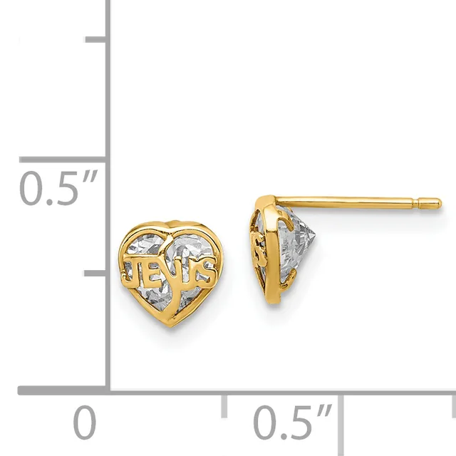 Pair of gold-colored heart-shaped stud earrings with cubic zirconia stones and cutout text detail, shown against a measurement scale indicating approximately half-inch height.