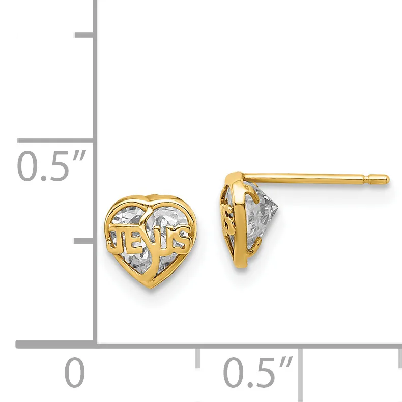 Pair of gold-colored heart-shaped stud earrings with cubic zirconia stones and cutout text detail, shown against a measurement scale indicating approximately half-inch height.