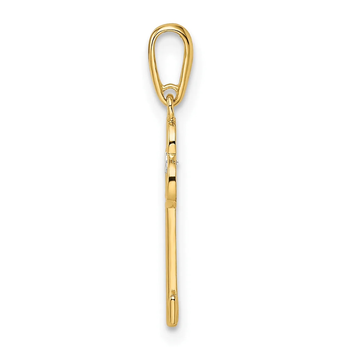 A polished gold-toned elongated oval loop pendant with a cylindrical bail connector, shown hanging vertically against a white background.