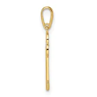 A polished gold-toned elongated oval loop pendant with a cylindrical bail connector, shown hanging vertically against a white background.