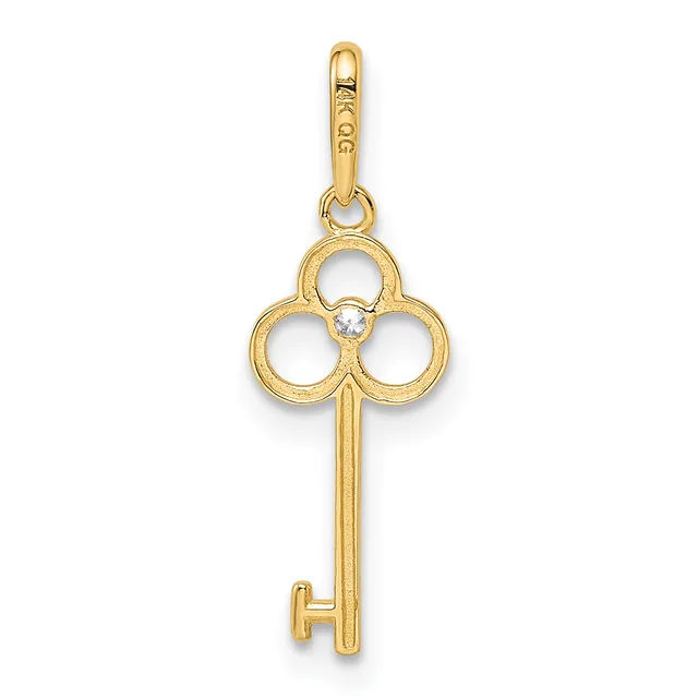 Gold trefoil key pendant with a small diamond at the center, suspended from a gold bail, shown against a white background.