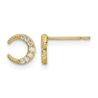 Pair of gold crescent-shaped stud earrings with white diamond accents and textured gold detailing, shown from front and side views.