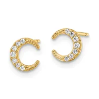 A pair of gold crescent-shaped stud earrings with cubic zirconia stones set along the curved surface, displayed against a white background.